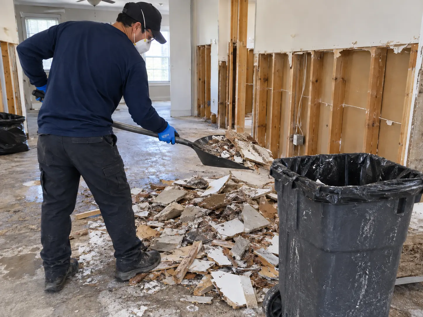 A technician shovelling drywall and debris into a bin inside a gutted room