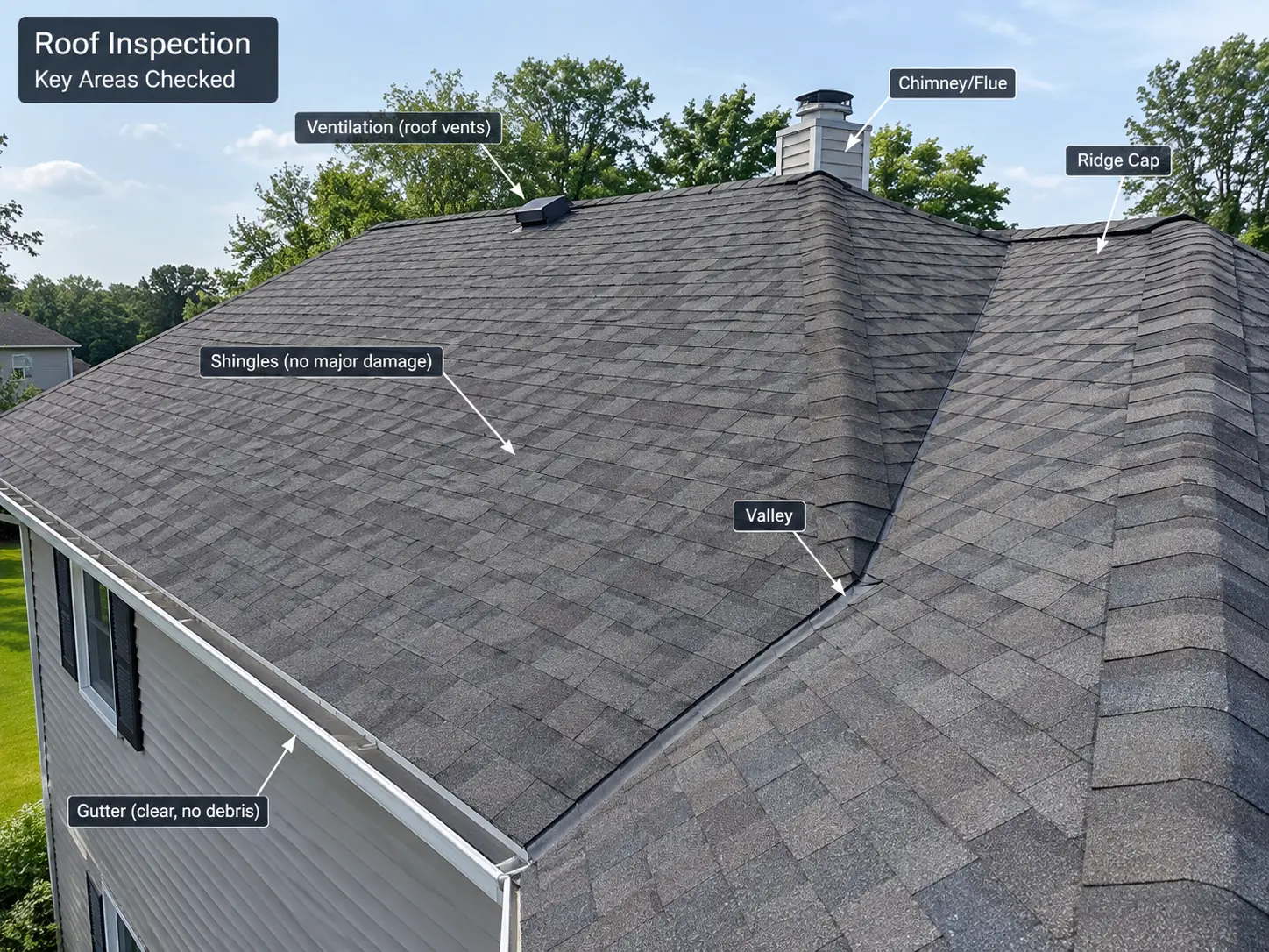 A shingled roof with the areas a HAAG inspection covers labeled: ventilation, chimney and flue, ridge cap, shingles, valley, and gutter